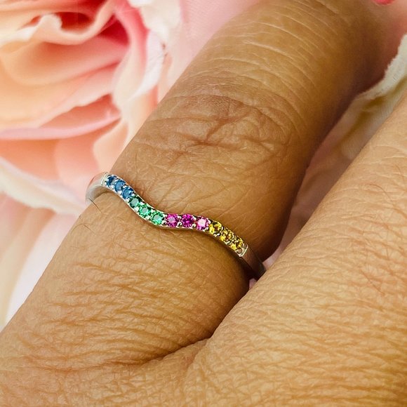 Sterling Silver Wavy Multi Color Cubic Zirconia Stackable Band Ring Size… - Picture 6 of 6